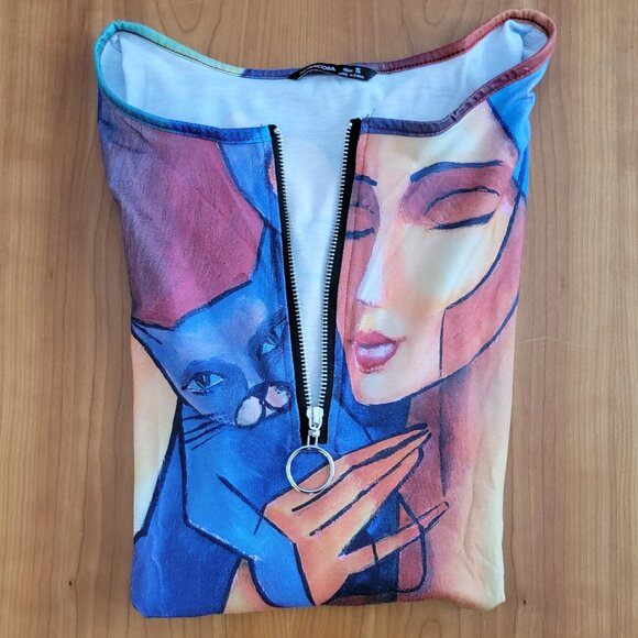 Casual Tunic Top with Abstract Cat Print Long Sleeves Zipper Closure - S - Picture 7 of 8